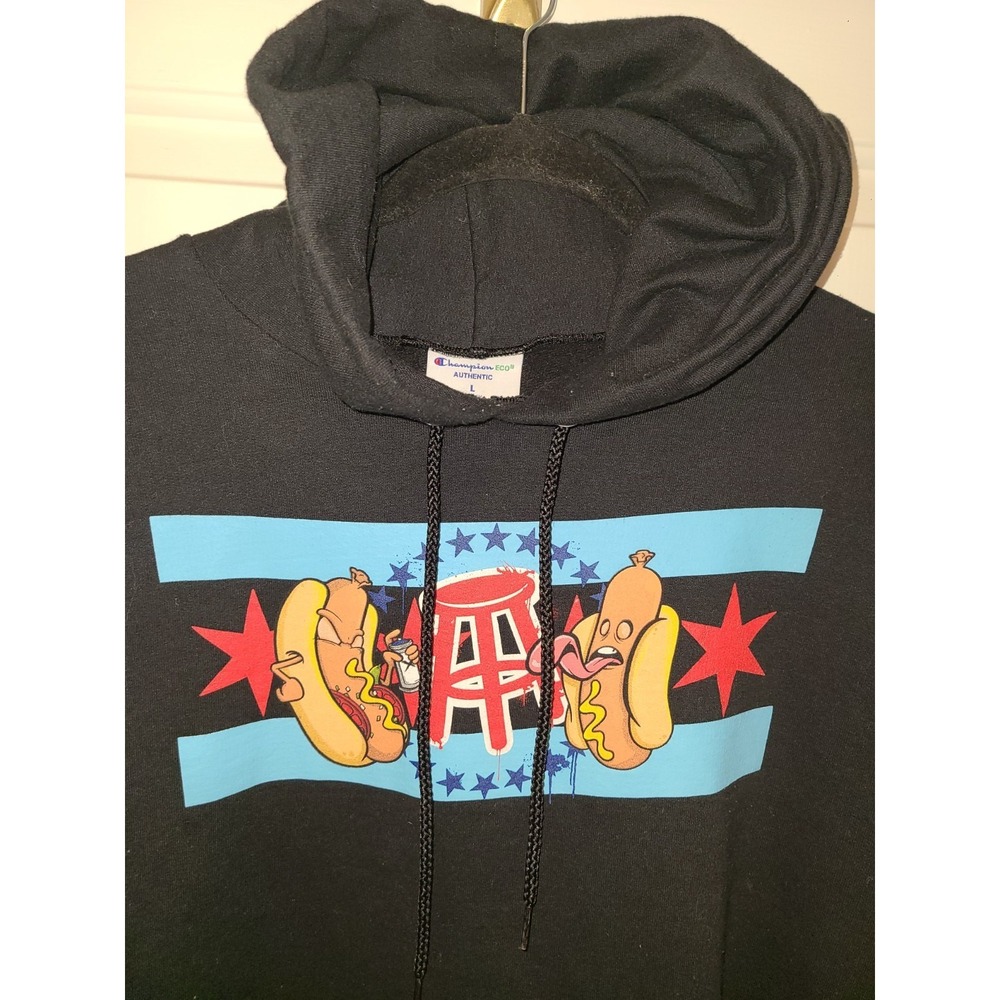 Champion Hoodie Mens L Black Barstool Chicago Flag Hot Dog Fleece Sweatshirt